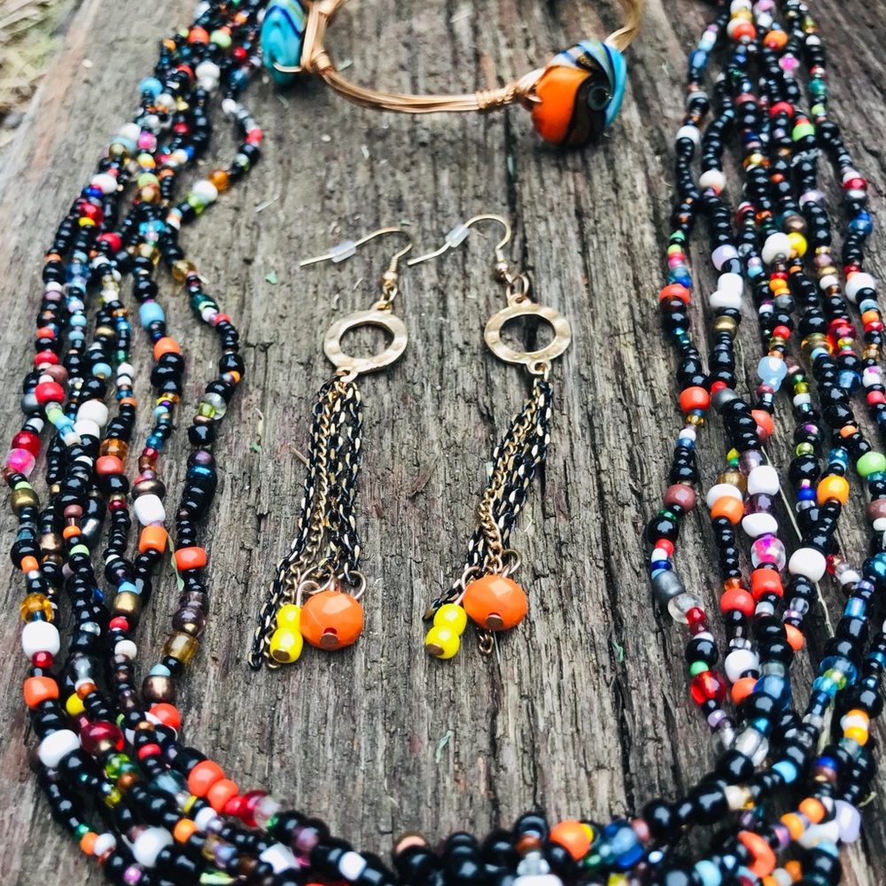 NWOT 3 Piece Set, Necklace is 7 Strands of Beads,  Matching Earrings, and Bangle